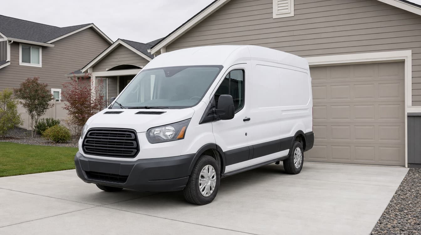Northwest Garage Doors service van parked at a residential job site in the Seattle metro