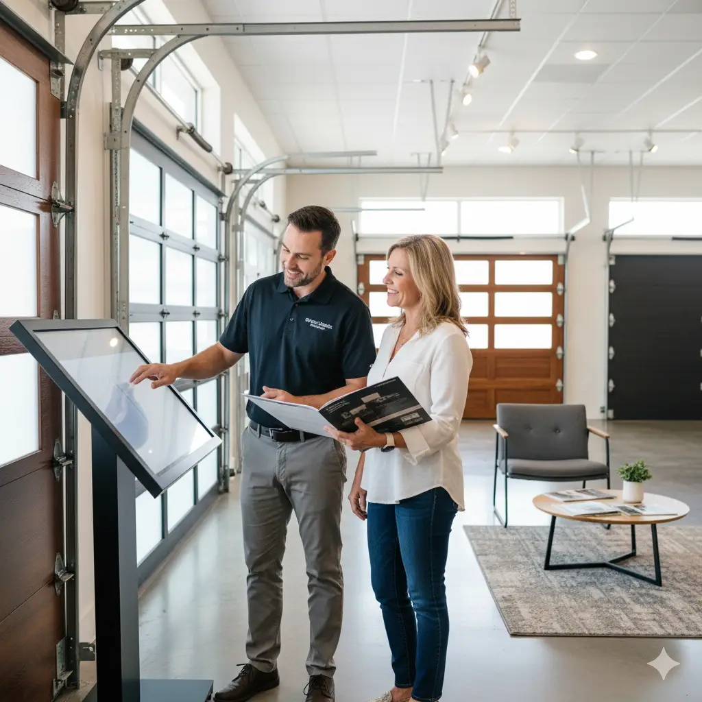 Garage door specialist showing product catalog to a smiling homeowner in a bright showroom, professional and friendly atmosphere